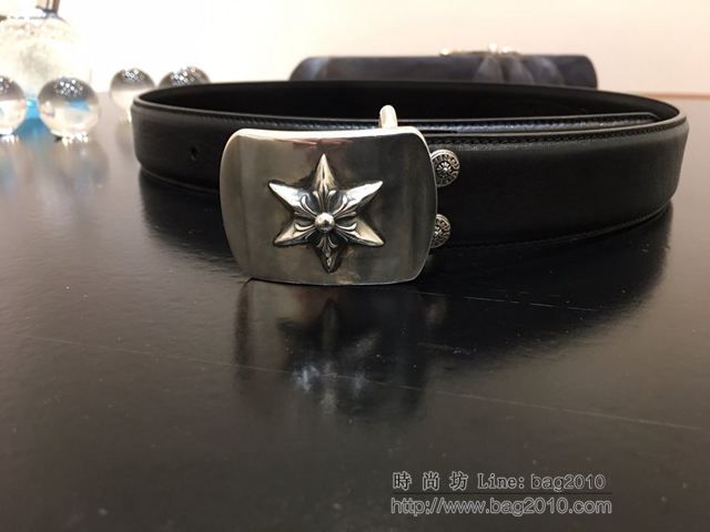 chrome hearts皮帶 克羅心黑色男皮帶 克羅心925純銀皮帶扣  gjc1968